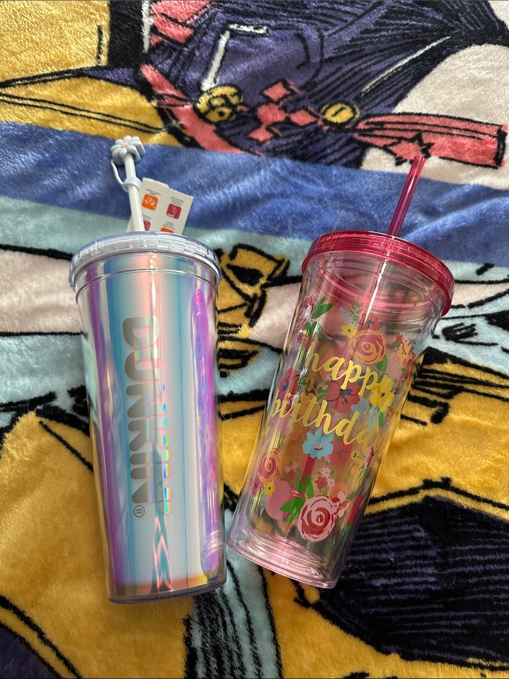 DUNKIN Iridescent Blue Tumbler Flower Straw OR  pioneer woman happy birthday